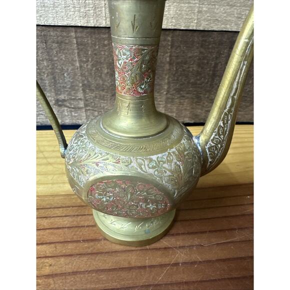 Vintage Original India Antique Red/Brass patterned Jug 8” Tall - Picture 3 of 10